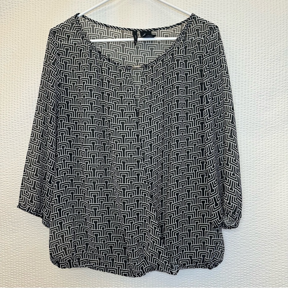 New Directions Black White Geometric Print Long Sleeve Blouse XL Career Office